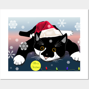 : Cute Tuxedo cat wishing Merry Christmas or Merry Catmas .Copyright TeAnne Posters and Art
